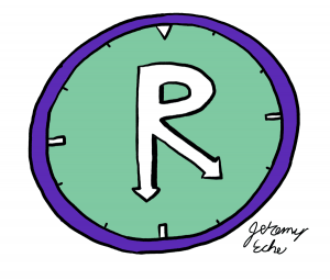 Cartoon clock that resembles the ® symbol with the clock hands being extensions of a capital letter R. Signed by Jeremy Eche.