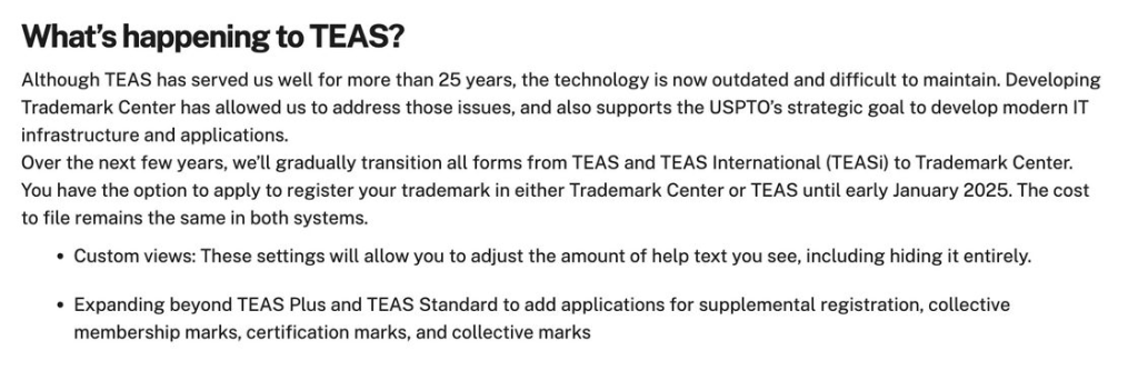 Screenshot of USPTO website's description of TEAS filing replacement by Trademark Center.